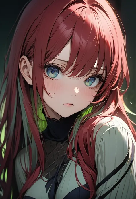 ((best quality)), ((masterpiece)), (detailed), 1girl, cherry red hair, long hair that stops at end of breasts, darkk blue eyes with grey and green tint inside, girl is facing the camera and looks bored. Mole under left eye and one under her right side chin