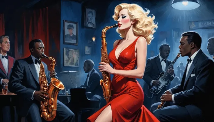 alabama bar, blue note, charismatic, baterist, guitarist, saxophonist, jazz band, red dress, illustration, noir fantasy, singer blonde lady, 