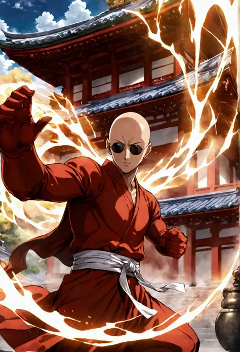 japanese monk、small、round sunglasses、equip a ritual item、hero of justice、one punch man、japanese temples、strongest、exorcising evi...