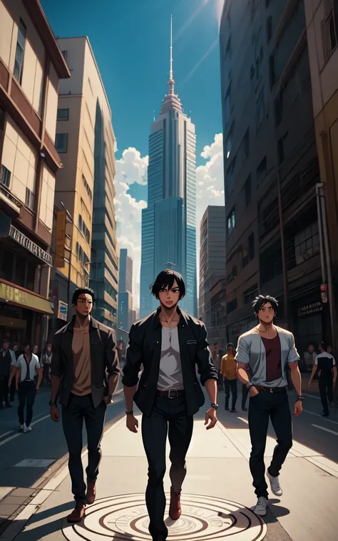 a few guys, young guys, stand in a circle, in the city, black hair, the quality is perfect, realistic, cool anime 8k, anime art,...