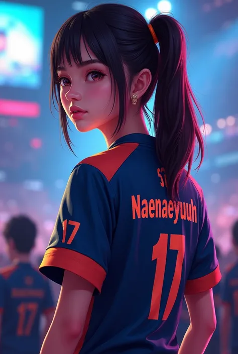 A young woman wearing esports jersy with a name 
"Naenaeyuuuh" at the back