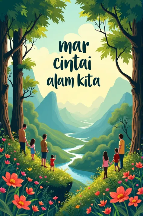 make a poster about loving nature and add writing "mari cintai alam kita"