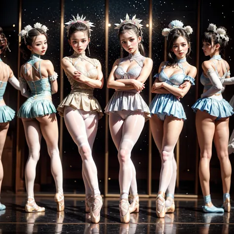 SFW, ExtremelyDetailed (((Kawaii Ballet Girls Group in a row:1.37))), Childish perfect face, Reflective Eyes, Detailed(Delicate Clothing textures), Corrected Leg Line, Corrected Childish Hand, Correct limbs, Dynamic Joyful Expressions LifeLike Rendering, (...