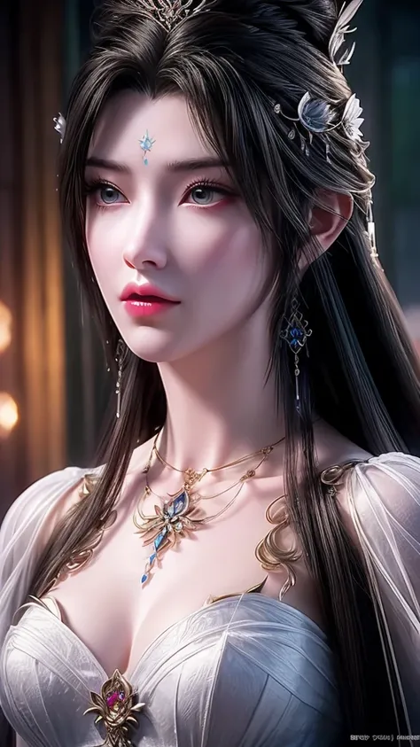 A medium-sized chest、Close-up of a woman with very long hair, 4K detail fantasy, Movie goddess close up shot, Extremely detailed photos of the goddess, Super detailed fantasy characters, Portrait of the Knights of the Zodiac, Beautiful fantasy queen, 2. 5D...