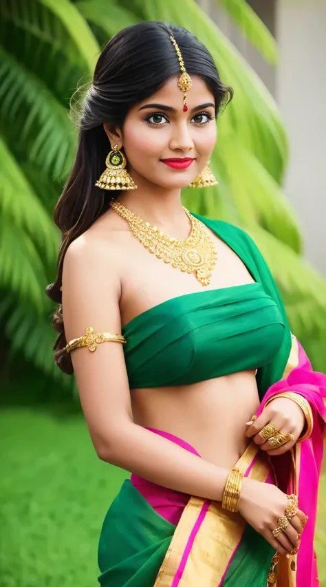 wear designer printed Saree and strapless bra, a bindi on the center of the forehead, green saree and black bra, full body covered in clothes, Indian temples in background, flower basket, very well dressed, going to temple for prayers, golden heavy jewelle...