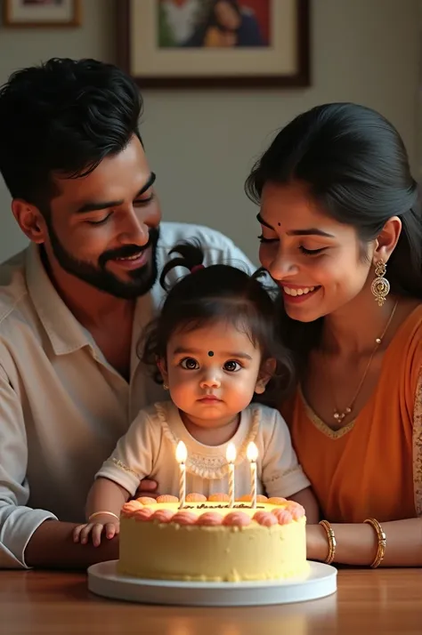 Photorealism A young south indian man with beard and a young south indian woman with their beautiful 1 year old baby girl , there is a photo of the couple on the wall behind which has devi & athul written on it , a cake on the table which says " happy birt...