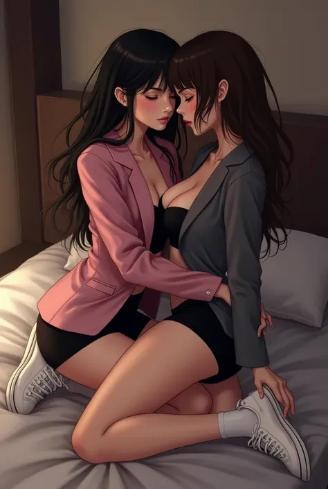 Two girl close eyes kissing and finger touching to pussy on bed in bedroom. (The first girl wears a pink suit, black skirt, black underpants, white socks, white sneakers The second girl wore a gray suit, black skirt, black underpants, white socks, and whit...