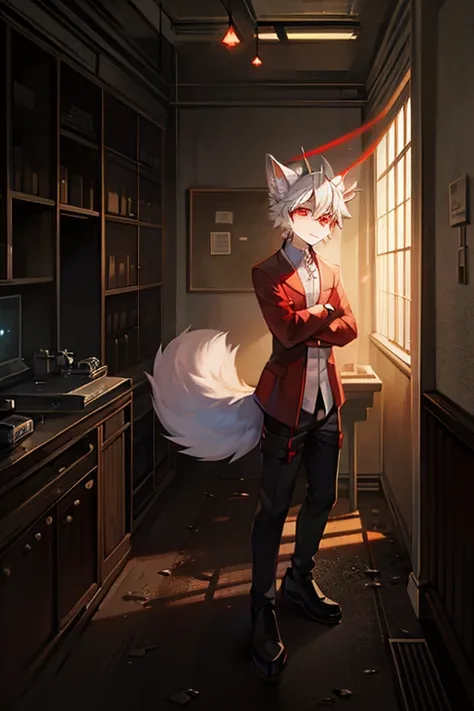 masterpiece，A researcher，Wolf ears，Fox tail，male，White hair，Red eyes，indifferent，Dilapidated laboratory，Strabismus，