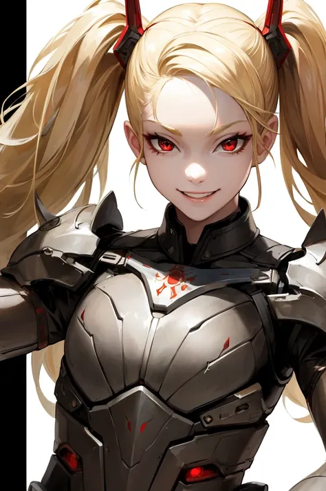 ((Highest quality)), ((masterpiece)), (detailed),Perfect Face,blonde,Red eyes,Fair skin,Armament,Gunfight,army,From above,Wicked Smile、Twin tails、