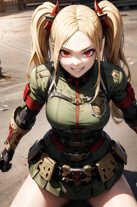 ((Highest quality)), ((masterpiece)), (detailed),Perfect Face,blonde,Red eyes,Fair skin,Armament,Gunfight,army,From above,Wicked Smile、Twin tails、