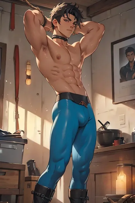 (Masterpiece), Best quality, expressive eyes, perfect face, full body, slim, Bondage and BDSM style, a Latino stripper, shirtless, short hair, in six-pack, wearing tight blue lycra pants, black riding boots, is suffering strangulation, directly by the neck...