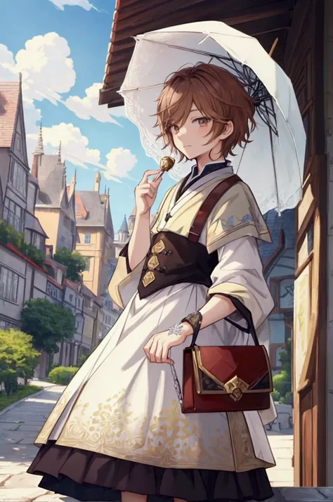 (Masterpiece), ((Highest Quality)),(Official Art),Serene landscape:1.2),(1 solo anime boy: 1.3). A cheerful boy with straight and short auburn hair, light brown eyes, and casual yet opulent attire standing in a 17th century town square. Detailed picture. D...