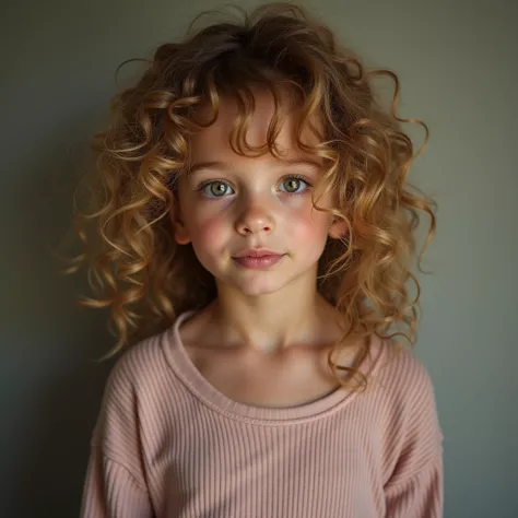 (One lady)、"Full length portrait of attractive 7 year old girl with curly hay colored hair, Hairstyles in the late 80s, small freckles, Beautiful face, Seductive dark blue eyes, and moderate breast size, Show off your natural beauty."