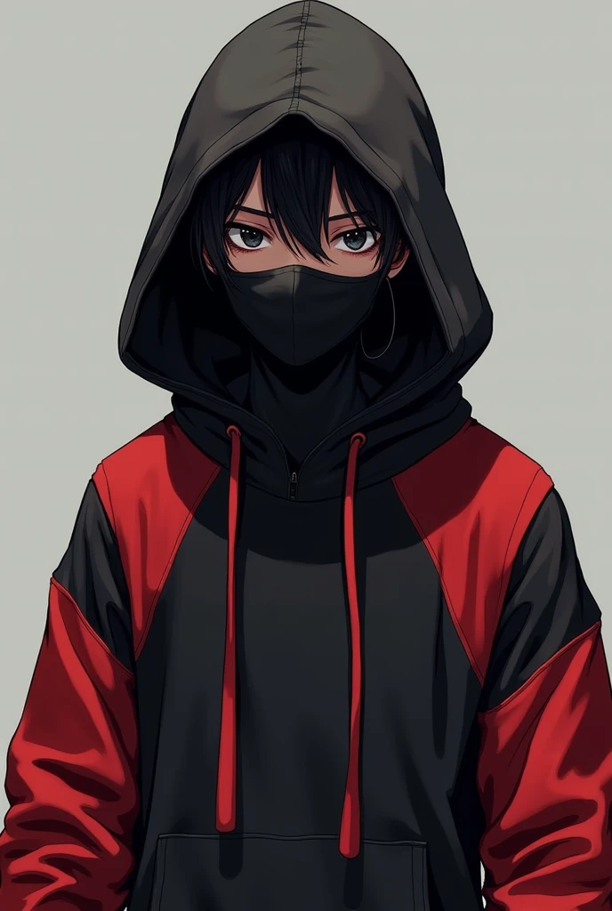 A 14 year old male wearing a black and red hoodie with a black mask and black hair 