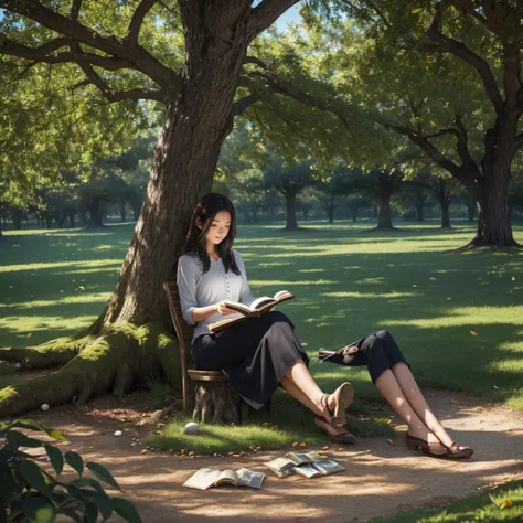 Design an image of a person reading a book under a tree, with coins and books scattered around, representing personal growth and investment.