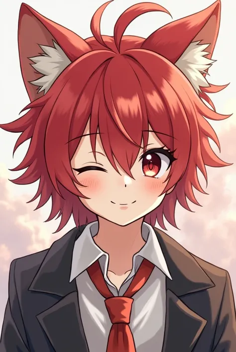 Anime-style red-haired boy with cat ears, 2-headed character