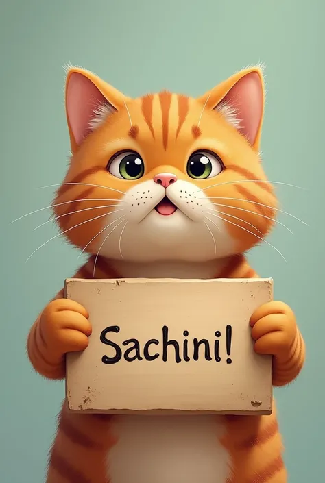 A cute brown cat is holding a board saying sachiniii