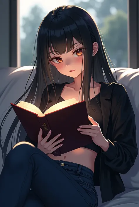 A anime girl cool and tomboy type with long black hair and blonde highlights hair and black crop top and jeans reading a book, cold look 