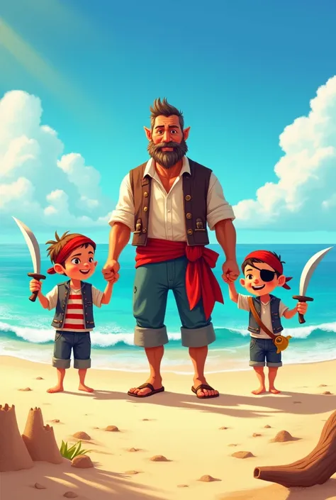 Father&#39;s Day and pirate sons on the beach