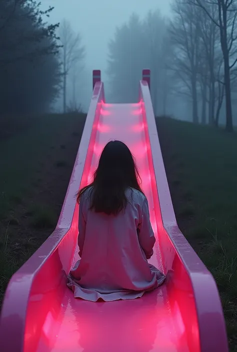 Make the weather dark a 18  girl is sitting on a slide which is long of pink colour. who from Europe she is sad and a devil is punching her from back and and at the end of slide make a lava Girl is sitting in the start. Show me from right side