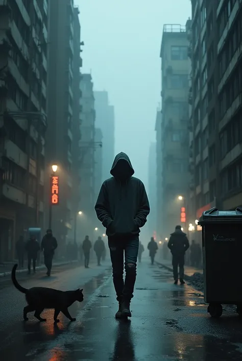 A Young man with a hoodie and slim ripped jeans, walking down a street, in a dark city surrounded by fog and rain, in the morning light, with high degraded buildings, a cat running to a garbage dumpster, some people walking around.