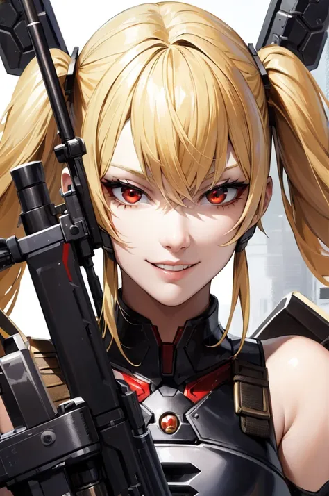 ((Highest quality)), ((masterpiece)), (detailed),Perfect Face,blonde,Red eyes,Fair skin,Armament,Gunfight,army,From above,Wicked Smile、Twin tails、Hold a sniper rifle、Zenshin