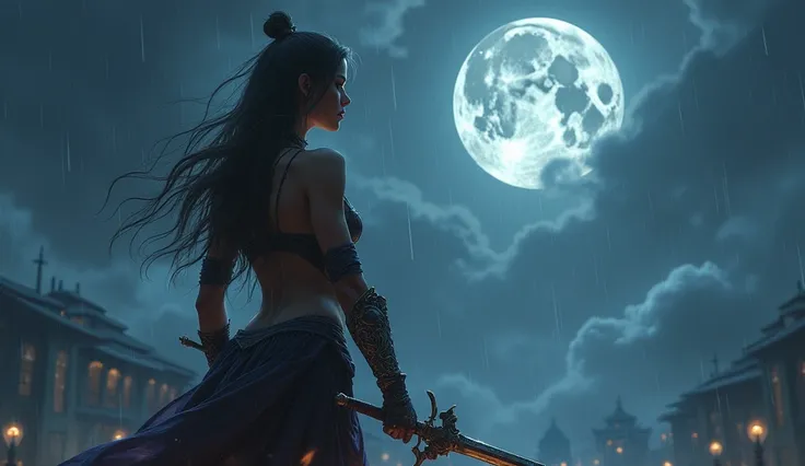 beautiful girl, beautiful breasts, warhammer 40000, sword, beautiful hips, big moon, moonlight, thunderstorm, rain, wind,