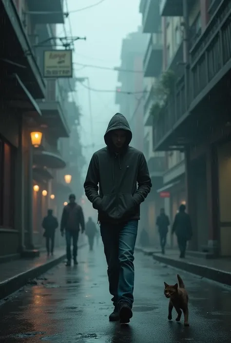 A Young man with a hoodie and slim jeans, walking down a street, in a dark city surrounded by fog and rain, in the morning light, with high degraded buildings, a cat running to a garbage dumpster, some people walking around.