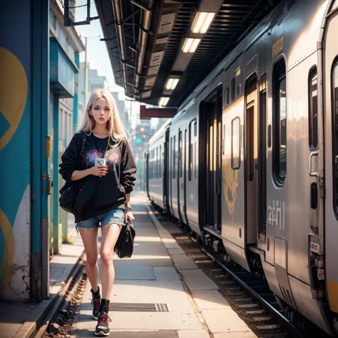 a beautiful white woman in street clothes standing at a train platform; psychedelic slash, colorful grime all over distressed walls and pathways and corridor