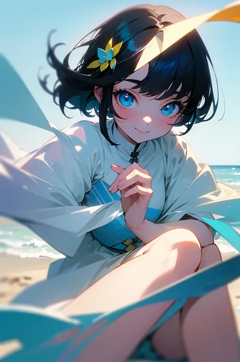 (masterpiece, Highest quality, 8k, 4K, Detailed details, , beautiful, One girl), Black Hair、Bob Hair, Bright Blue Eyes, Wearing white summer clothes, Background beach, smile, Beautiful Eyes, Beautiful Face, Perfect body, Perfect hands, Playing with dogs、Tw...