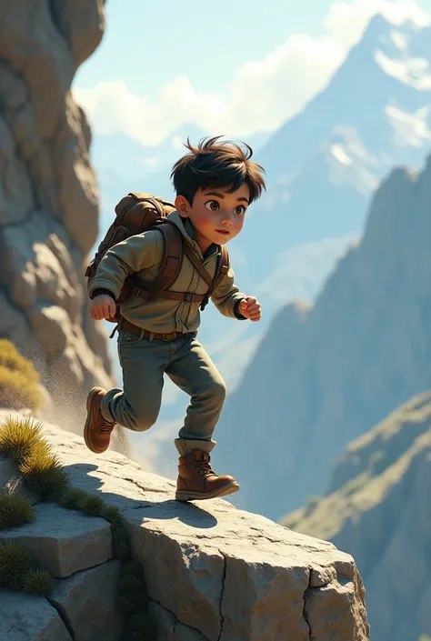  boy who is running on cliff and a travel bag which follows him automatically