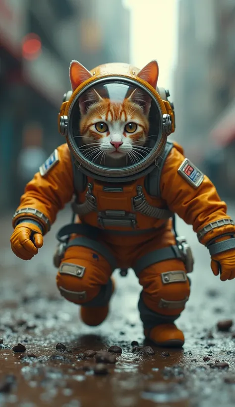 Photographic ultra-realistic　(((Quadrupedal)))　(((Crouching)))　Cat in a spacesuit　(((Crouching Style)))　((Punch to the ground))　Armageddon