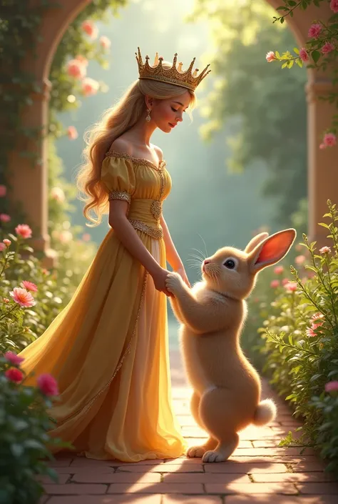 The king&#39;s daughter with a beautiful crown is playing with a rabbit in her yard.