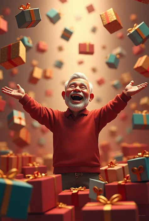 um homem adulto ( Baba) surrounded by several gift boxes, He has his arms open and looks very happy 