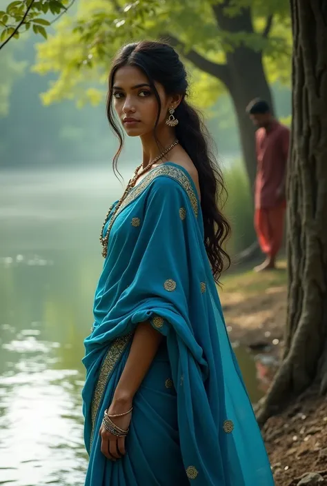 A very beautiful girl in a blue color saree is standing on the bank of a river and a boy is watching her from behind a tree.