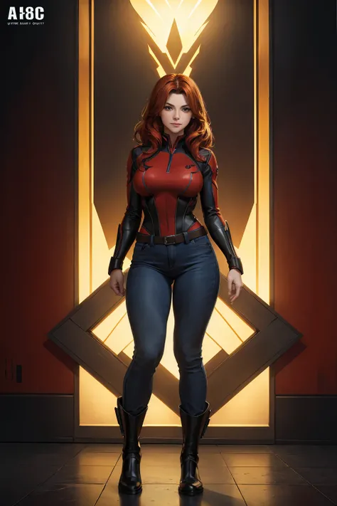 ((full body photo, standing, feet on the ground)),  character Jean Grey, (masterpiece), best quality, expressive eyes, perfect face, best quality, backlit, movie poster, book cover, dramatic studio lighting, standing, aesthetic, ((Best quality, best resolu...