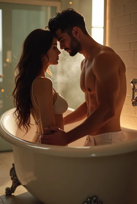 Attractive, sexy boy, athletic body, black hair, short beard, big and muscular cock, bathtub, beautiful girl, boy massage, bathroom light