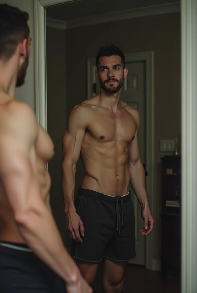 bodybuilder man in front of the mirror seeing himself very thin and malnourished
