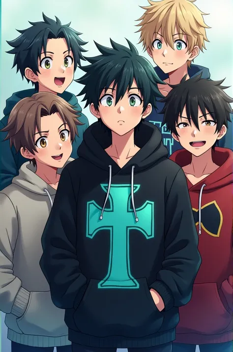 5 anime boys. The middle boy wearing a black hoodie with an aqua cross in it. 