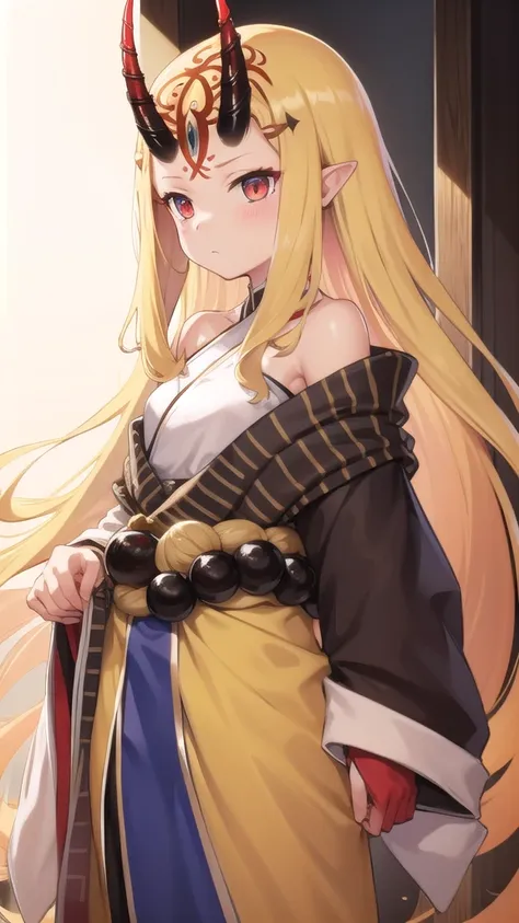 blonde long hair girl，demon horn，kimono，