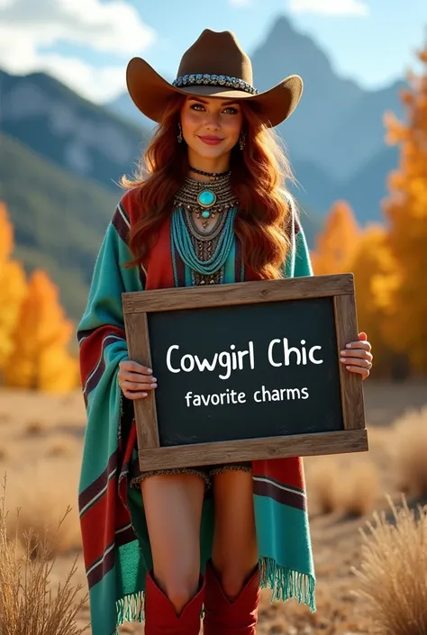 Beautiful cowgirl with wavy auburn long hair, turquoise serape, red knee high cowboy boots, large chunky beautiful turquoise jewelry, holding a chalk board with barn wood frame ,with text "Cowgirl Chic” “favorite charms, and showing it to the viewer. With ...