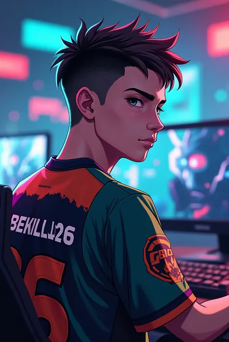 A young man gamer wearing esports jersy with a name of "Kobekillua26" at the back and an army hair cut