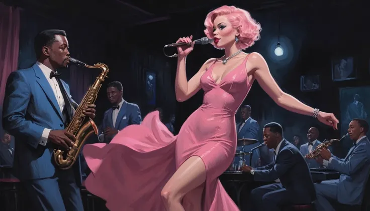 alabama bar, blue note, charismatic, baterist, guitarist, saxophonist, jazz band, pink dress, illustration, noir fantasy, singer lady, 