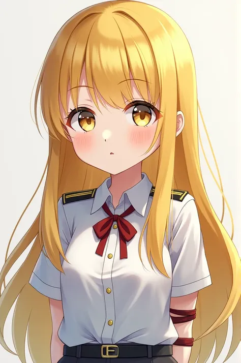 A cute anime girl, 15-16 years old, long hair with yellow bangs, white eyes, happy face, wearing a commanders shirt. Hands behind the back, wearing a restraint.