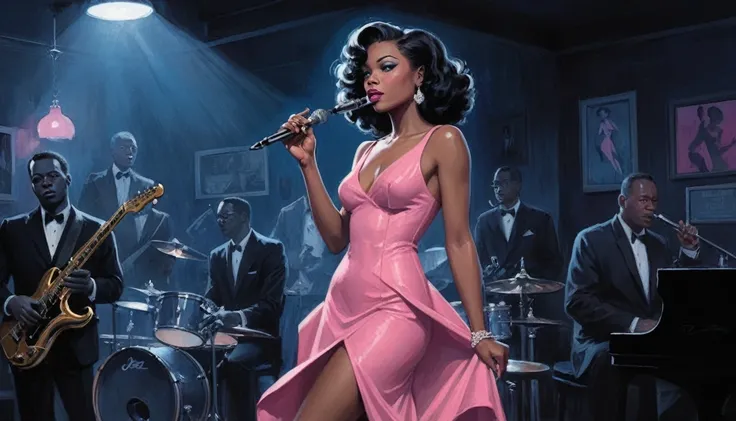 alabama bar, blue note, charismatic, baterist, guitarist, saxophonist, jazz band, pink dress, illustration, noir fantasy, singer lady, 