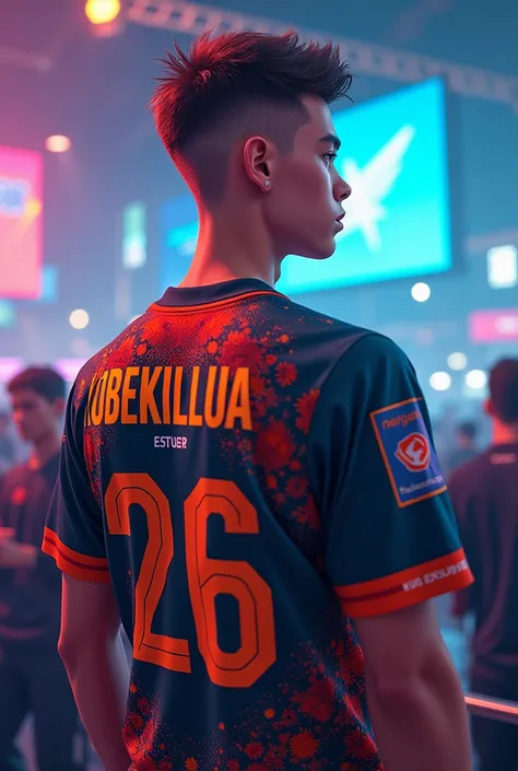 A young man gamer with a buzz cut wearing esports jersy with a name of "Kobekillua26" at the back