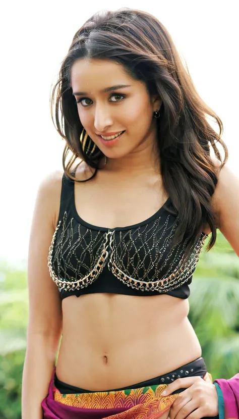 hires body close up photo of a woman,(( Shraddha Kapoor)), outdoors, realistic skin texture, smiling sexily, looking looking at camera, (sexiest crop top) ,((marathi make up), waist chain, long hair, sexy navel, belly chain, tall body, fleshy, sexy saree,f...