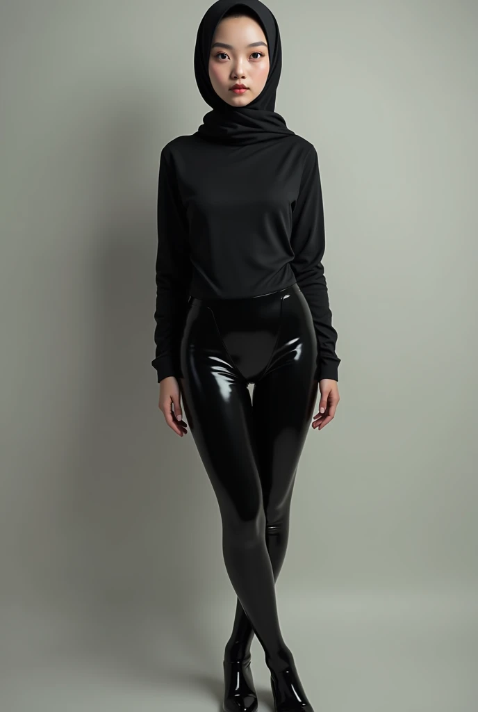 A girl wearing hijab . Innocent face. Long leg. Wearing full body black latex suit. High quality. High resolution