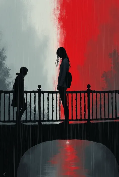 I guess it was a rainy day, I was crying, I was shaking, I was hesitating, i was standing on the Bridge ledge trying to jump off the bridge thats when I meet him. He was crossing the bridge. 
Add red and white colour

Girl is the one who is jumping