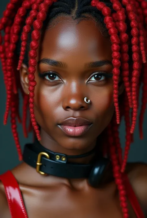 african woman, young, naked, red dreadlocks, septum piercing, dimples, thick belt around neck, naughty expression, red shiny latex bodysuit, close-up, UHD, retina, masterpiece, accurate, anatomically correct, textured skin, super detail, high details, high...